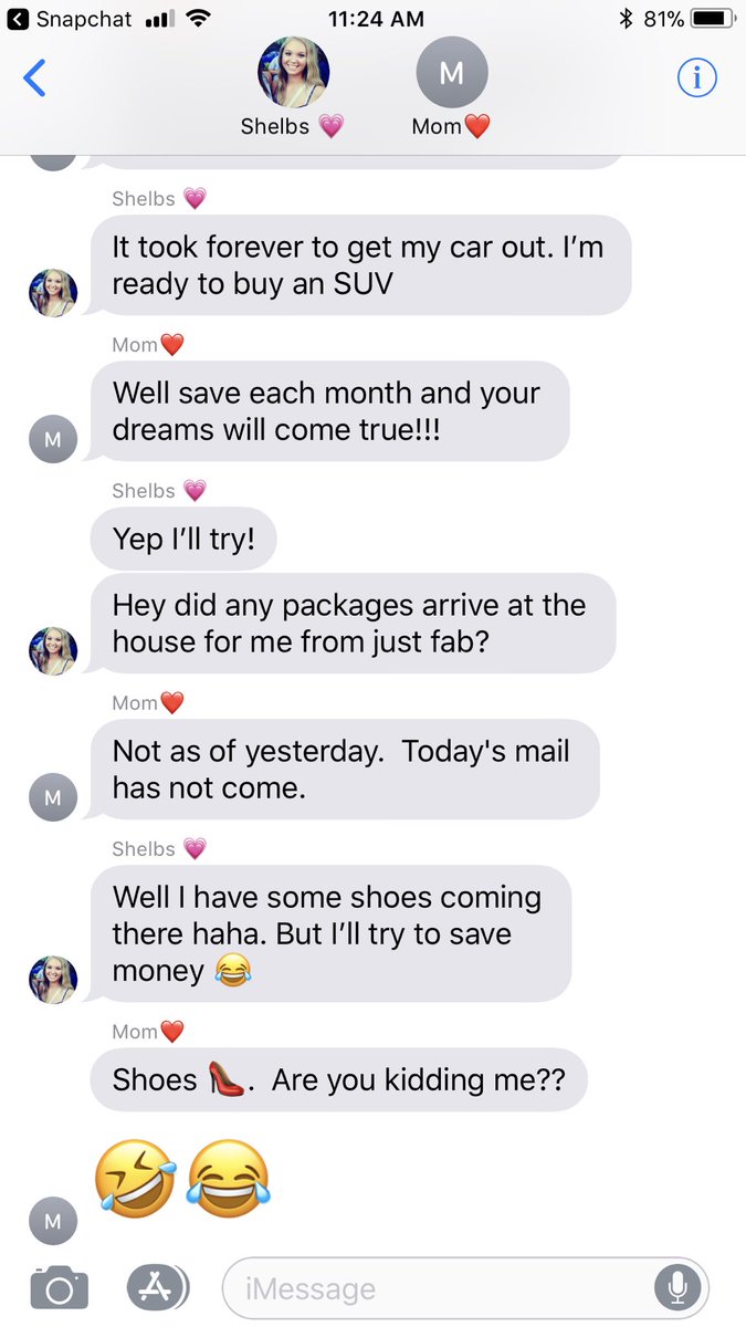 JesseDarlington's tweet photo. When mom just gets done telling you to save money and @shelbiiishelbs is asking if the shoes she ordered came in the mail yet😂 #Priorities https://t.co/1rm46246Pw