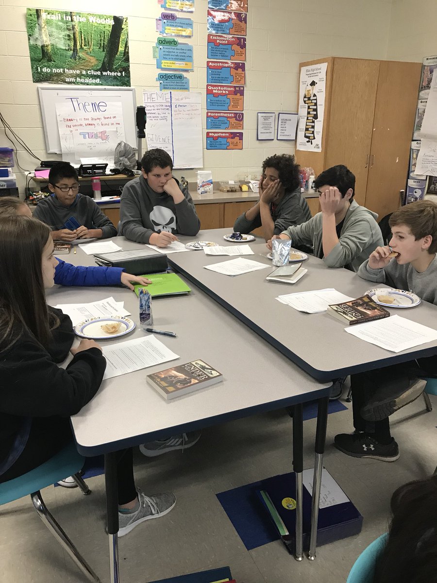MiddleElkin's tweet photo. Mrs. Swaim’s class began their day in seminar groups discussing the books that each group chose to read. #EMS https://t.co/GGDRIIT7xs