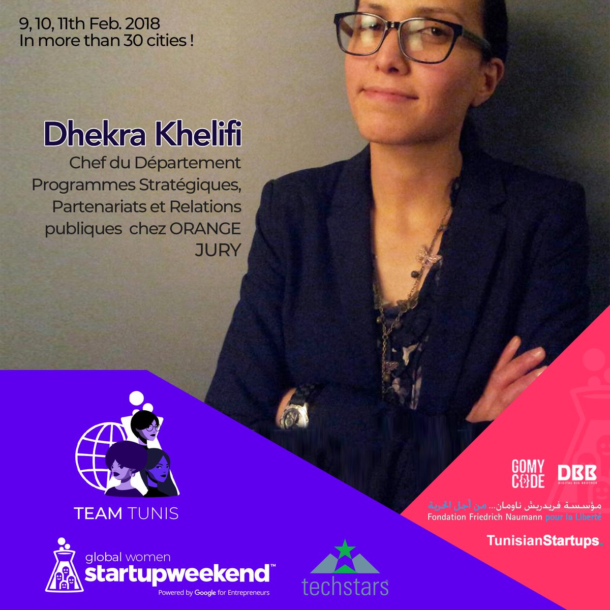 .@Dhekra Khelifi  sera présente au Startup-Weekend Women Tunis en tant que jury 
#GlobalSWWomen #Jointhewave #Beambitious