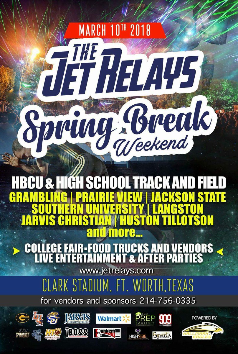 hallmarktrackfw's tweet photo. Mark your calendars. Spring break weekend will be filled with a lot of entertainment. It's the HBCU version of Texas Relays. Get in where you fit in. College and High schools will be in attendance. Tickets are on sale now. #hallmarktrack #jetrelays https://t.co/4LBQlBkw8c
