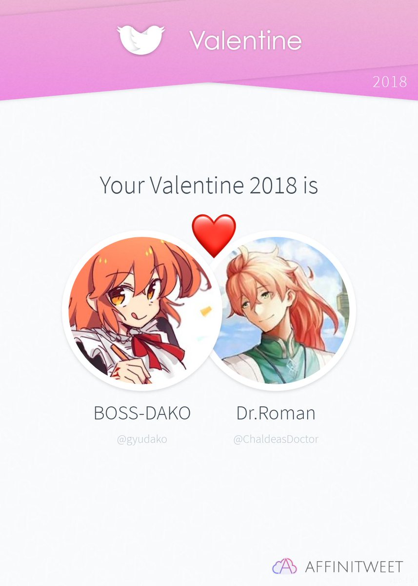 #Affinitweet Valentine
This year you're mine <a href="/ChaldeasDoctor/">Dr.Roman</a>! ❤️
And you, whom will be yours?
via affinitweet.com/valentine