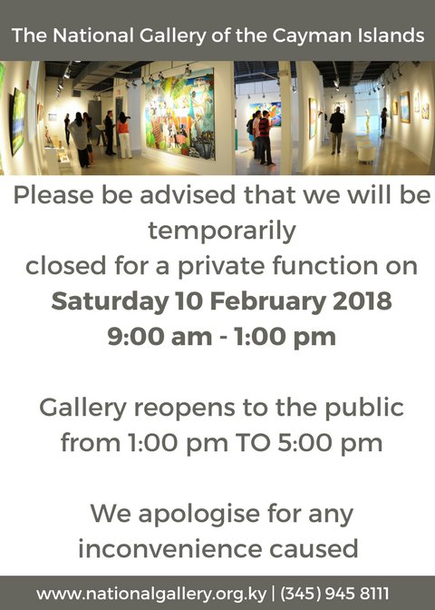 Please be advised that we will be temporarily closed for a private function on Saturday 10 February 2018, from 9:00 am - 1:00 pm
Gallery reopens to the public from 1:00 pm TO 5:00 pm 
We apologise for any inconvenience caused