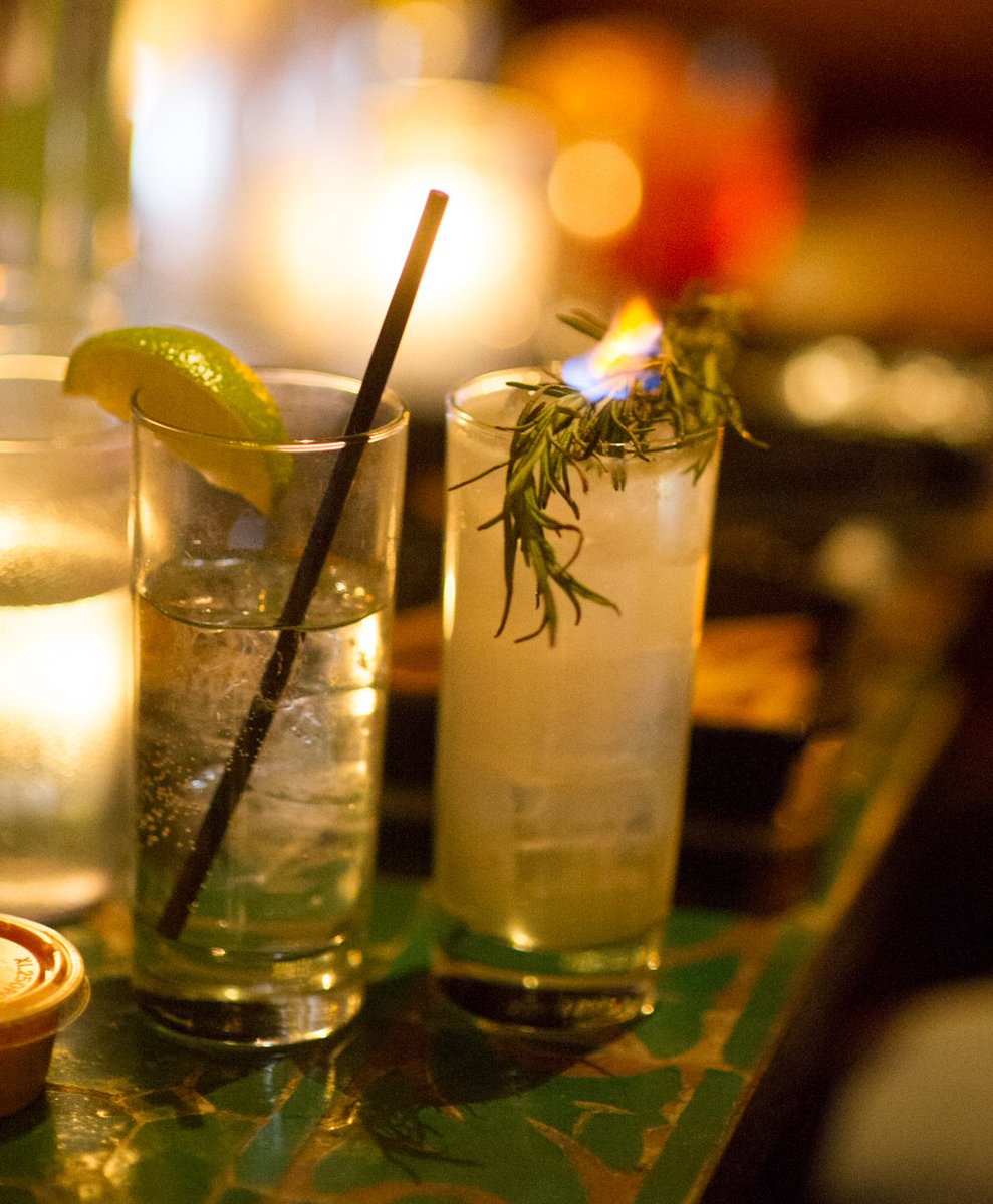 Here's the recipe for the Tom Ellis Collins... 1.5 oz gin; 3⁄4 oz fresh lemon juice; 3⁄4 oz simple syrup; club soda; sprig of rosemary... Shake gin, juice &amp; syrup w ice. Highball glass w ice. Top w soda &amp; flaming sprig of rosemary (heat is an homage to Tom Ellis's hotness!)