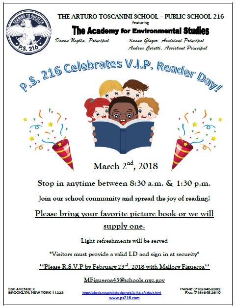 PS216K's tweet photo. Join us on Dr. Seuss's birthday (March 2nd) for our V.I.P Reader Day! #vipreader #readingrocks #readingisfun #together #learning #community #DrSeuss @Scholastic @D21_Community @NYCSchools @YTorresDOE @CarmenFarinaDOE @BKLYNlibrary @MarkTreyger718 @SenMartyGolden https://t.co/u0BxlFE3YV