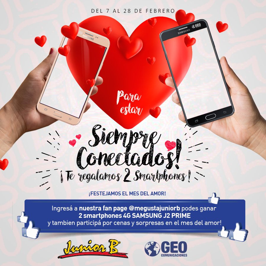 CfcorOficial's tweet photo. Dos socios de la #CFCor se unen para celebrar un mes especial! @Geocomunica15 y @SomosJuniorB celebran el #MesDelAmor. En la fanpage de #JuniorB se sortearán el 14/02, 2 smartphones. Además hasta el 28/02 habrá sorteos en dicha fanpage. https://t.co/0zEetDUdio