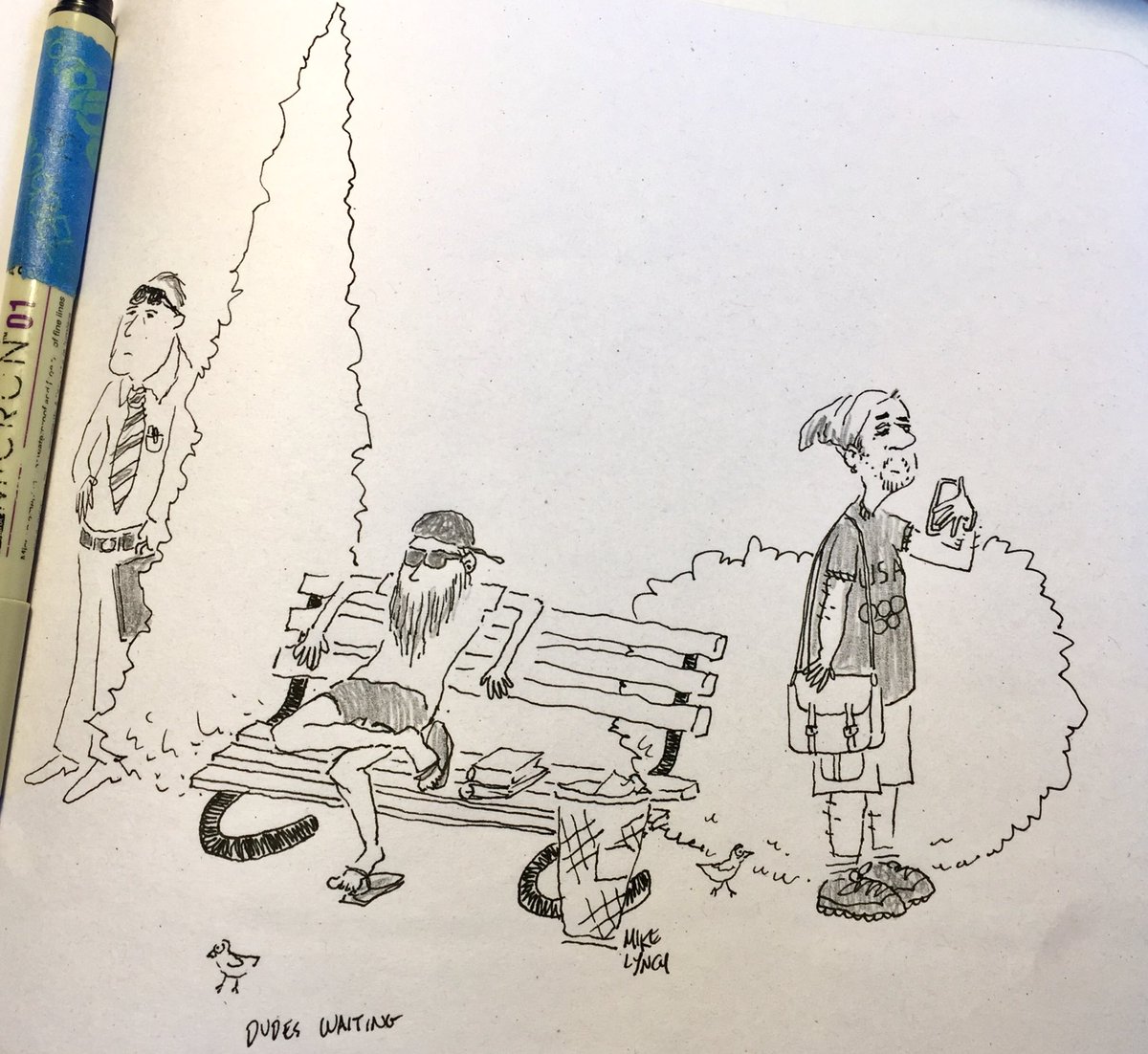 lynchcartoons's tweet photo. Dudes waiting. A #sketchbook #sketch #ink on #newsprint #toocooltohangwithyou #crazybirds #hangingout #chilling #waitingforwhat https://t.co/o2Xoogy0if