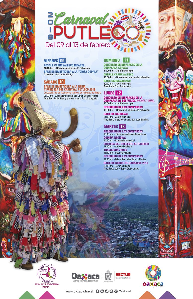ConsulMexMIL's tweet photo. A partir de hoy hasta el martes 13 de febrero se celebra el "Carnaval Putleco" en Putla Villa de Guerrero, Oaxaca.
El municipio se llenará de música, danza, comparsas tradicionales y tanta alegría, a través de diversos eventos.
#Entérate #Carnaval #Putleco #Oaxaca #Sectur https://t.co/nD3DapDtbK
