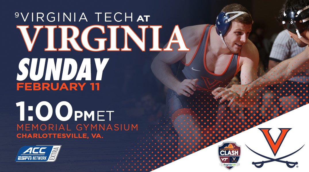 UVAWrestling's tweet photo. We'll be back in action on Sunday afternoon, hosting No. 9 Virginia Tech at Memorial Gym in the Commonwealth Clash match. Wrestling begins at 1 p.m. with senior recognitions before that. #GoHoos https://t.co/mlqcvVZAU1 https://t.co/LjW9FgIyww