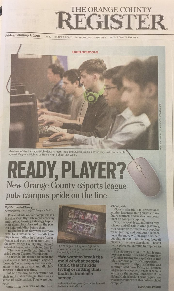 LHHSCompSci's tweet photo. So proud of our @LaHabraHS Highlander esports students on cover of @ocregister! Thank you to @OCHSEsports for this wonderful opportunity for our students! https://t.co/6qbWc1Bwqh