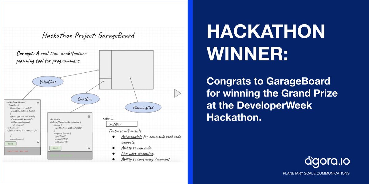 AgoraIO's tweet photo. Agora in the news: Live Streaming Provider Agora Announces Winner of DeveloperWeek SF Hackathon https://t.co/G2Fq0FNeRZ

@GarageScript @DeveloperWeek @vim_girl
#agora #developers #Hackathon #GarageBoard #devweek2018 #RTC #APIs https://t.co/lM0cQNsml9