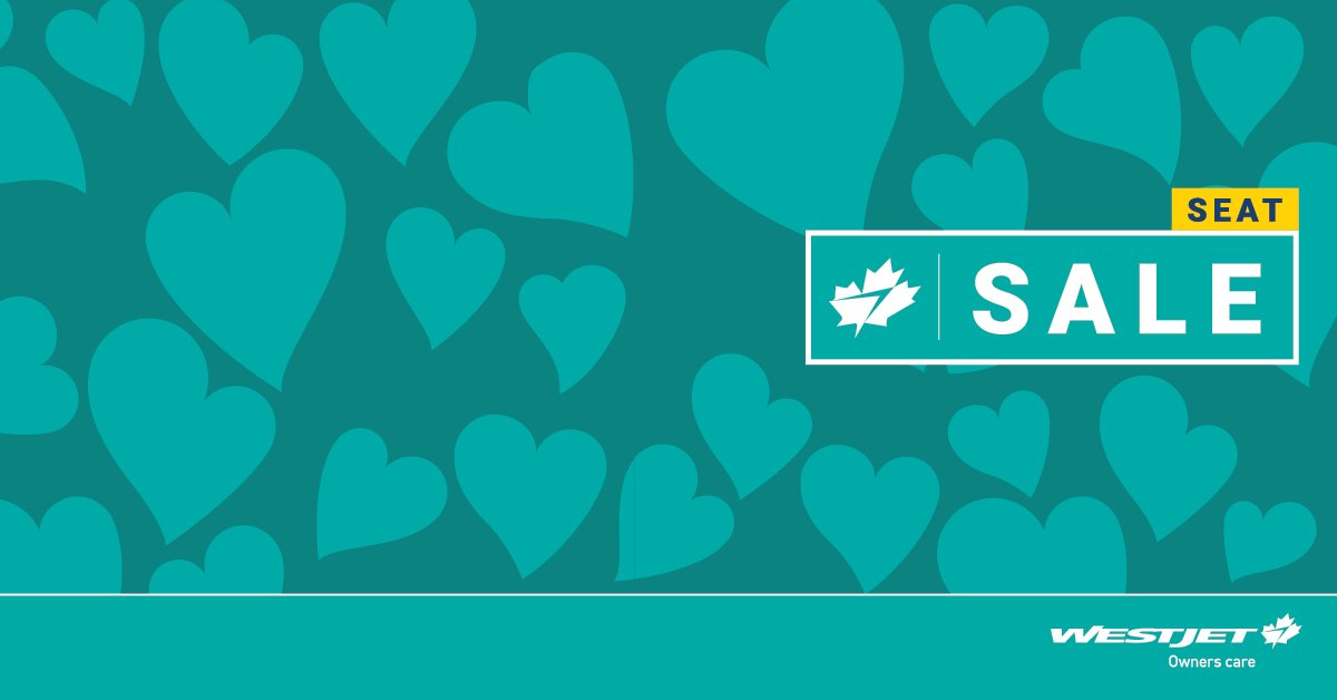 WestJet's tweet photo. Valentine’s Day sale - extended! You can still get away, and get some sweet savings. What’s not to love? Book by February 14, 2018 (11:59 p.m. MT). Travel until June 27, 2018. Blackout dates and restrictions apply. Visit https://t.co/aCS5wXdpIG to book. https://t.co/3SqCSz4rHU