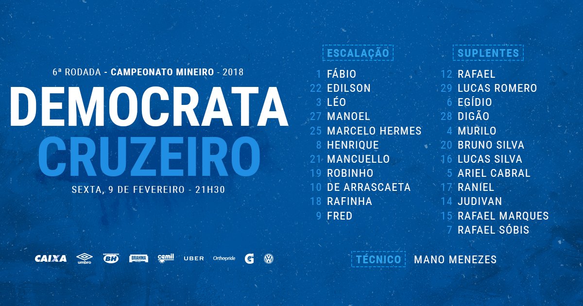 Cruzeiro's tweet photo. Escalação do #Cruzeiro para o jogo contra o Democrata de Governador Valadares, pela rodada 6 do Campeonato Mineiro.

#IssoÉCruzeiro https://t.co/D99mS8Jiiz