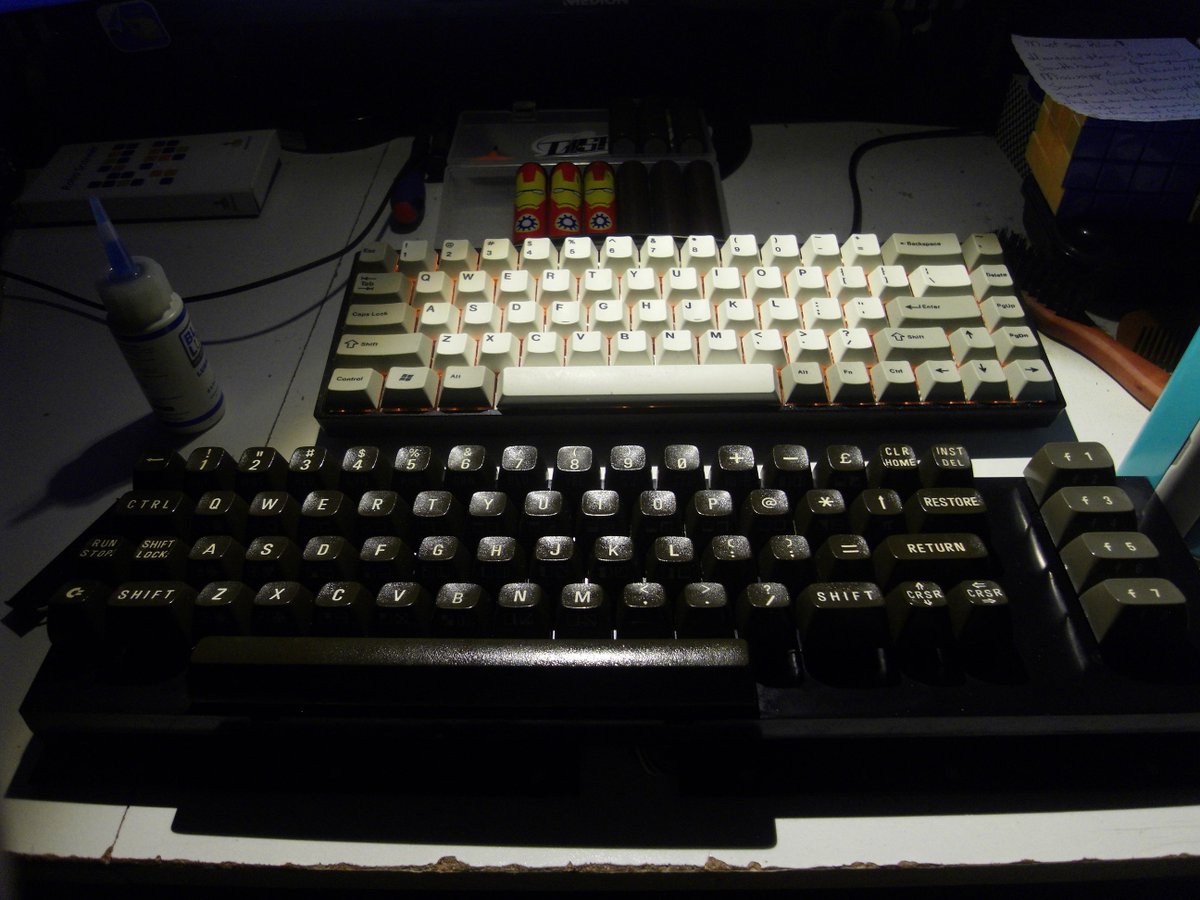 devjock's tweet photo. #c64 keeb update: Put the keys through the dishwasher twice, dried 'em. Springs scotchpadded, degreased, de-rusted and drowned in gun oil (@BallistolUSA), keeb dusted, light anti-greasing. My god, it looks so nice, and it smells like peaches and lemon. #Success #retroPreservation https://t.co/qgg0UjaM86