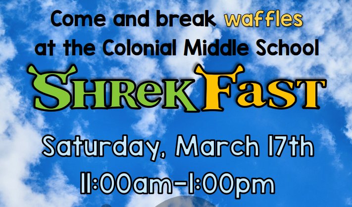 Meet Shrek, Fiona, Donkey and Lord Farquaad from the <a href="/CMSPatriots/">Colonial Middle</a> production of Shrek The Musical Jr.! Plus waffles, facepainting and more! Registration is open for Shrekfast on March 17. Click on the link for details: colonialsd.org/colonial-middl…