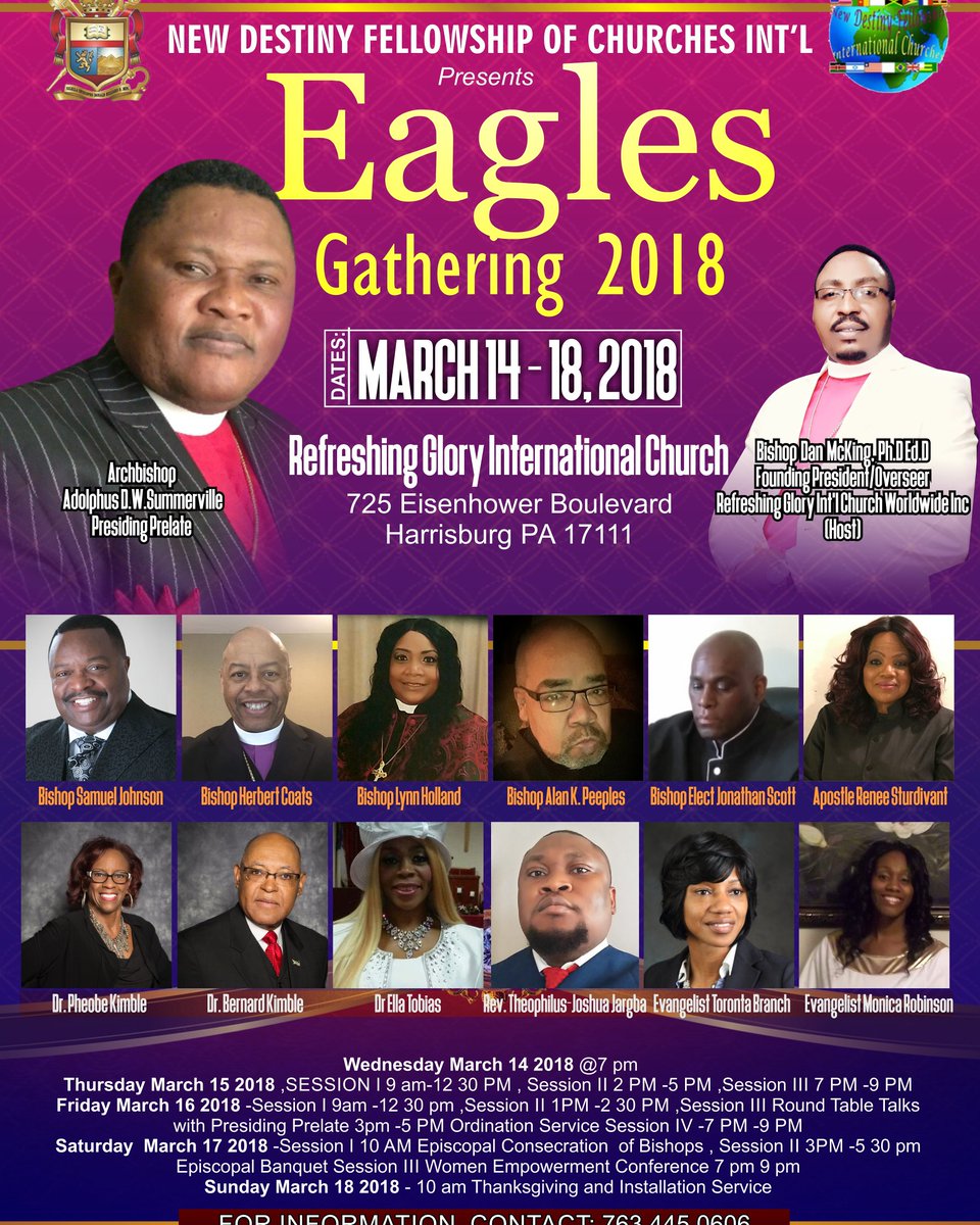 bishopdanmcking's tweet photo. Plan now to attend this divinely packaged apostolic event in Pennsylvania, United States. Registration is just $25! Call 1-855-6637377
#EaglesGathering2018
#NewDestinyCollegeOfBishopsIntl
#RGICWorldwideInc https://t.co/QFnUZXQ0r1
