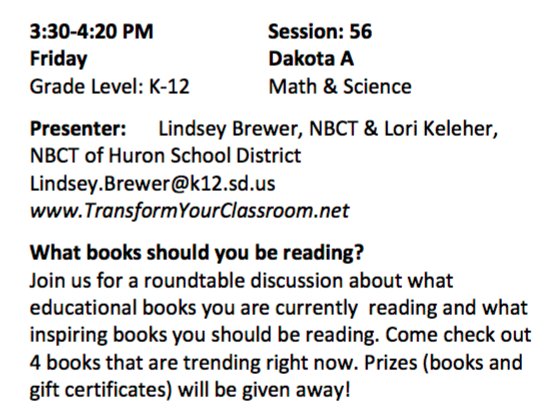 lindseybrewer's tweet photo. Today's presentation went great at the #SDMathSci Annual Conference! Love presenting with @L_Keleher and appreciate her always pushing me out of my comfort zone!!! #SDCTM #HuronTigers https://t.co/rwt3GSQJgb