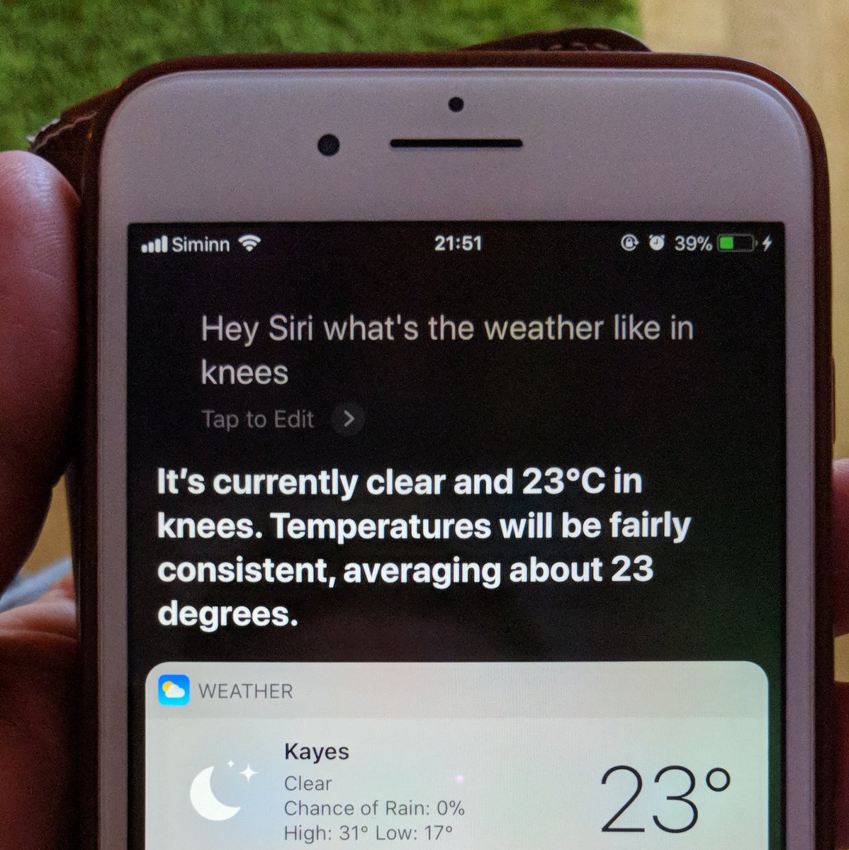 MrTwisby's tweet photo. My wife was having winter blues and asked Siri what the weather was like in Nice. The thing is, Siri is hard of hearing.

#siri #sirifail #funwithsiri #andtherewasmuchrejoicing https://t.co/uyweiPEzso