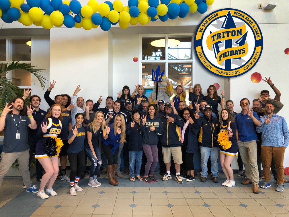 UCSDtritons's tweet photo. Spirit Night #TritonFridays edition! Thanks @UCSDalumni and @UCSDrec for showing support for a INCLUSIVE and UNIFIED @UCSanDiego campus environment. Don't forget to wear your blue and gold on Fridays! See you at #UCSDspiritnight tonight! #PackRIMAC https://t.co/JTsDZkUVVI
