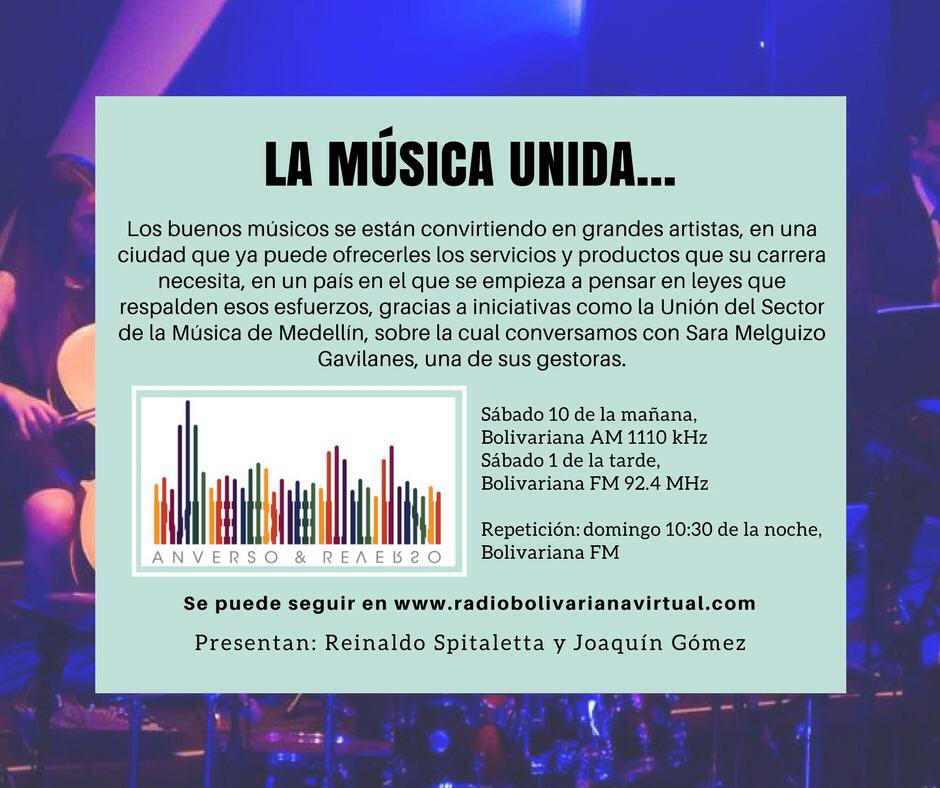 juacogomez's tweet photo. @USMColombia es el tema de este fin de semana en #Medellín   #anversoyreverso en una conversación con @saritararea de @RevistaMusica https://t.co/wGQqZNPoA9