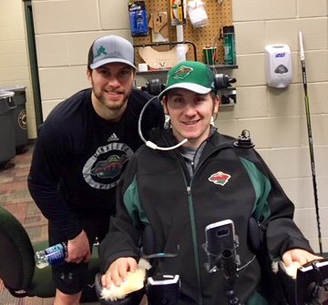 carrollgs's tweet photo. How cool is this? 
MN native 
@MattOlso3 
the former @TotinoGrace HS hockey player, who suffered a neck injury playing Jr. hockey that left him paralyzed, got to meet @mnwild goalies Alex Stalock and @ddubnyk40
at practice today. https://t.co/clyRMz2aPr