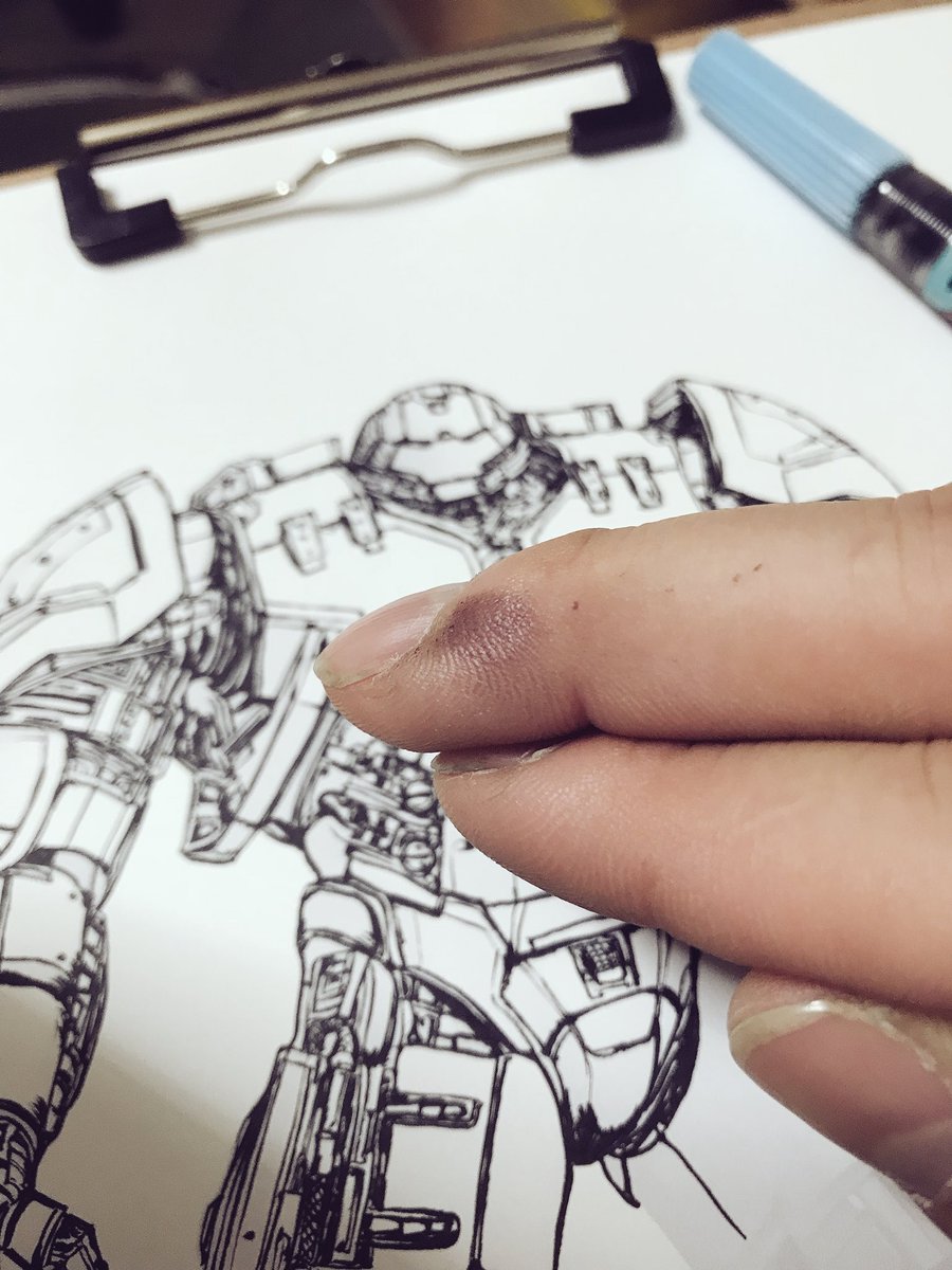 鬼ルガs V Twitter 筆ペン一発描き ハルクバスター そこそこ描けたんだけど ちょっとペンだこ出来ちゃってテーピング買って来なきゃ この子は 一発描きじゃないと一日中かかりそうな絵だねw毎回思う 薄くあたりくらいはつけるべきだね 手がちょっとでかいん