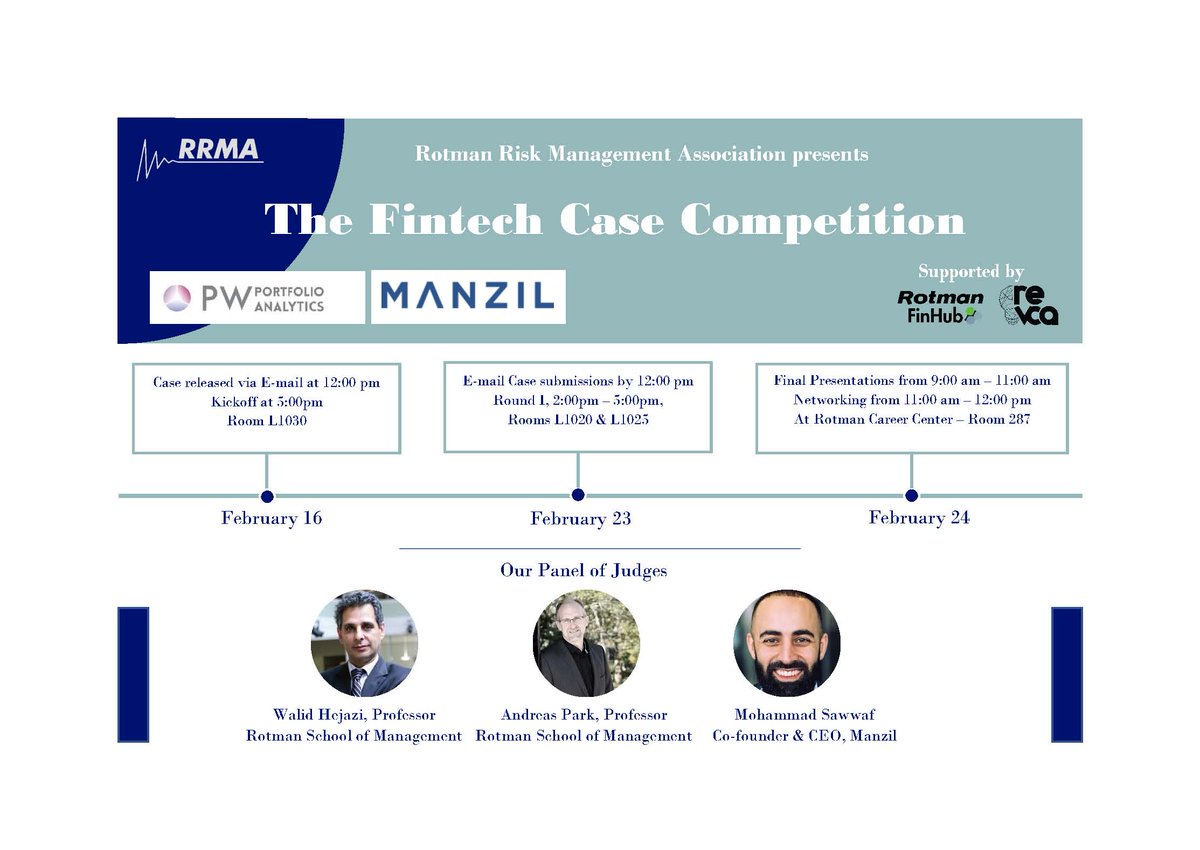 The Rotman Risk Management Association's FinTech case competition is coming up (sponsored by Rotman's FinHub)! Sign up and show how you would make a difference in #fintech! <a href="/financeUTM/">Andreas Park</a> <a href="/RotmanMBA/">Rotman MBA</a>