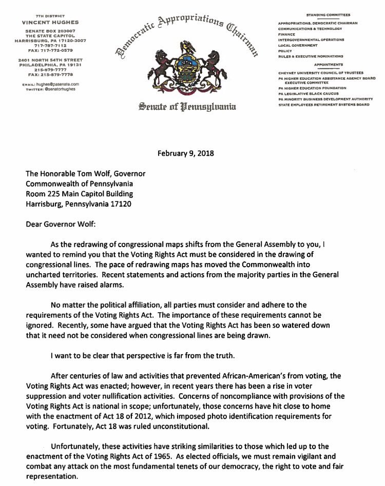 SenHughesOffice's tweet photo. In a letter to PA Gov. Tom Wolf on the preparation of new congressional maps, @SenatorHughes reminds the governor that the new districts MUST adhere to the provisions of the Voting Rights Act of 1965. #CongressionalMaps #PASupremeCourt #Hughes https://t.co/VwqxoGCHss