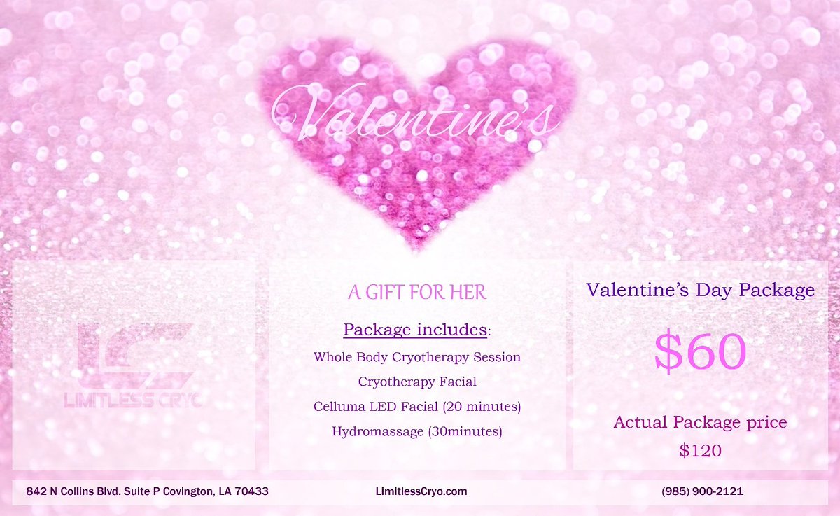LimitlessCryo's tweet image. Need a last minute Valentine's Day gift for that someone special in your life? Look no further! Bring her in for a day of rejuvenation and relaxation. For more information visit our website at LimitlessCryo.com or call (985) 900-2121.