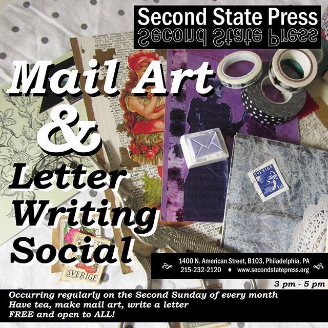 2ndStatePress's tweet photo. Join us this Sunday for our first ever Mail Art &amp; Letter Writing Social. Drink some tea, meet other artists, and make art to send via snail mail... all for FREE! Letter writing is 3-5PM, and stick around after to share what you've made at our monthly Sho… https://t.co/uVknMykCRb https://t.co/xo6kexAkug
