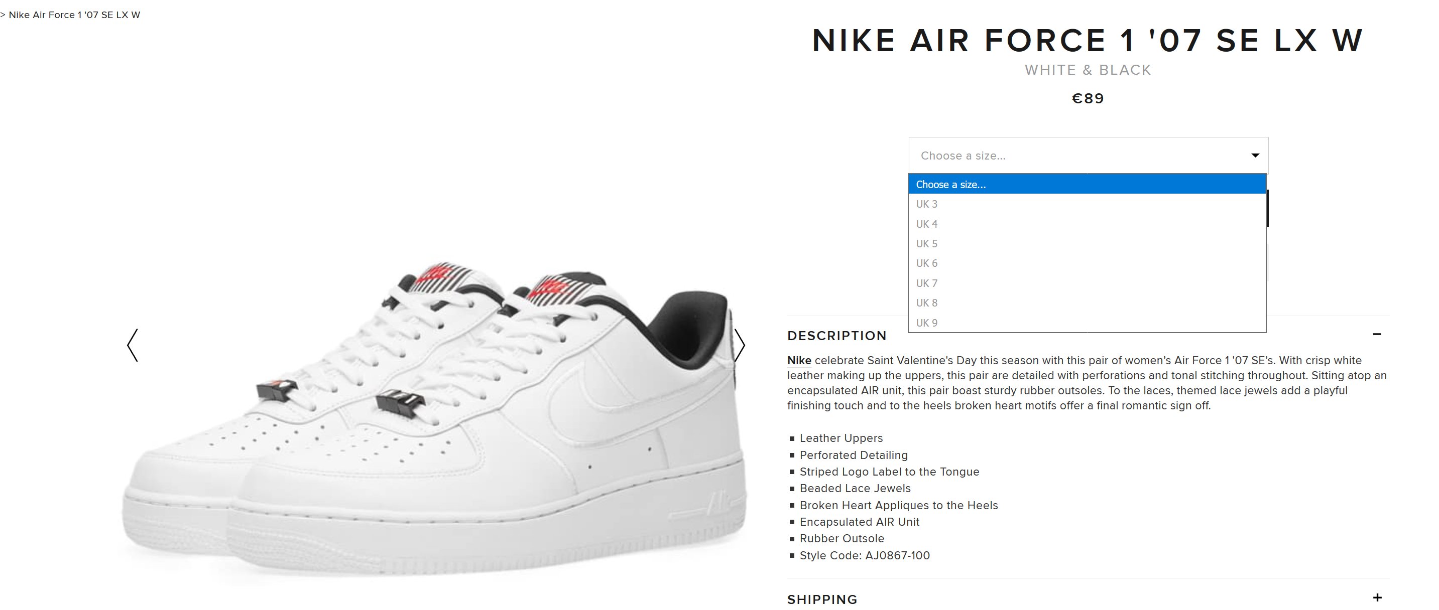 Nike Air Force 1 '07 SE LX Valentine's Day AJ0867-100