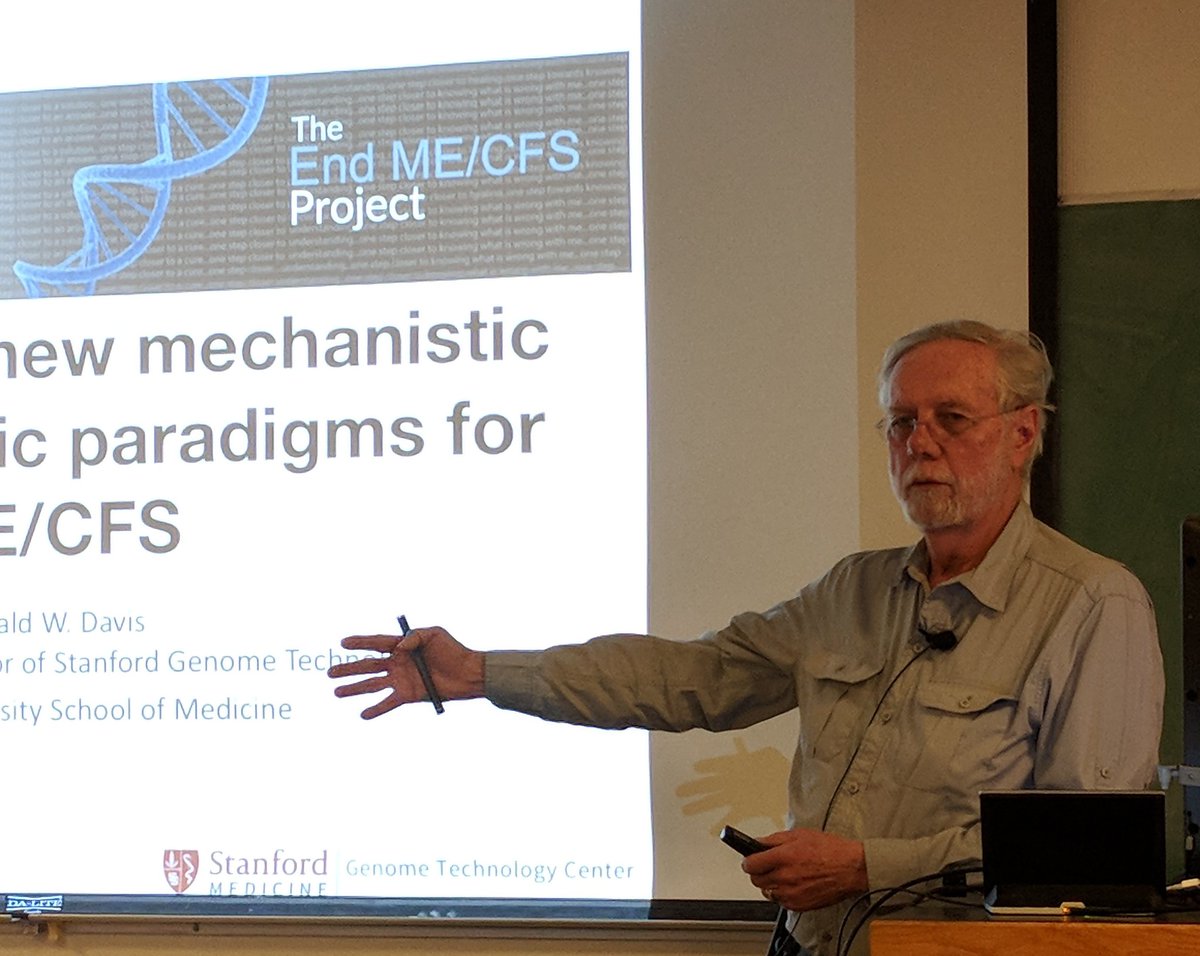 Ron Davis now telling Stanford Genetics Department researchers about #MECFS: "Doctors believe nothing is wrong, because all the patient tests come back negative. But that's because they're not doing enough tests."