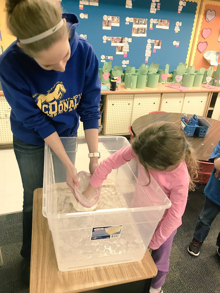 MsWhitesKinders's tweet photo. We learned/wrote about polar bears this week, which called for an experiment! How do polar bears swim in icy water?!They have blubber.The kids put their hand in the icy water, then put it in the baggy of "blubber" (Crisco) #blubberprotection #handsonlearning @Mac_Elementary https://t.co/qb2zhw50mp