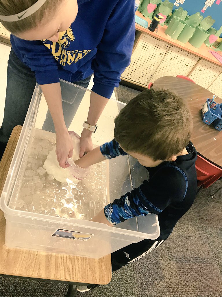 MsWhitesKinders's tweet photo. We learned/wrote about polar bears this week, which called for an experiment! How do polar bears swim in icy water?!They have blubber.The kids put their hand in the icy water, then put it in the baggy of "blubber" (Crisco) #blubberprotection #handsonlearning @Mac_Elementary https://t.co/qb2zhw50mp
