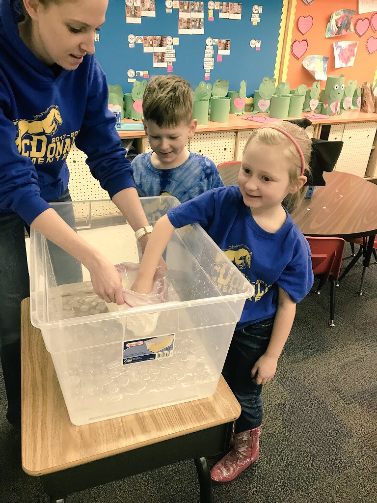 MsWhitesKinders's tweet photo. We learned/wrote about polar bears this week, which called for an experiment! How do polar bears swim in icy water?!They have blubber.The kids put their hand in the icy water, then put it in the baggy of "blubber" (Crisco) #blubberprotection #handsonlearning @Mac_Elementary https://t.co/qb2zhw50mp