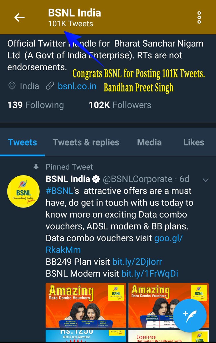BSNL_ka_Bandhan's tweet photo. #BSNL101KTweets !!
#Congrats 🏆 @BSNLCorporate for #Sharing 101K #Tweets to #Support #NCNGN under Supervision of @CMDBSNL in Satisfying & Solving #Subscribers issues on #SocialMedia for #BehtarSevakiNaiLagan 👌
#BSNL
#DesiNetwork
#DeshKaNetwork
#BSNLActiveUser #BandhanPreetSingh https://t.co/lFMH3er8zn