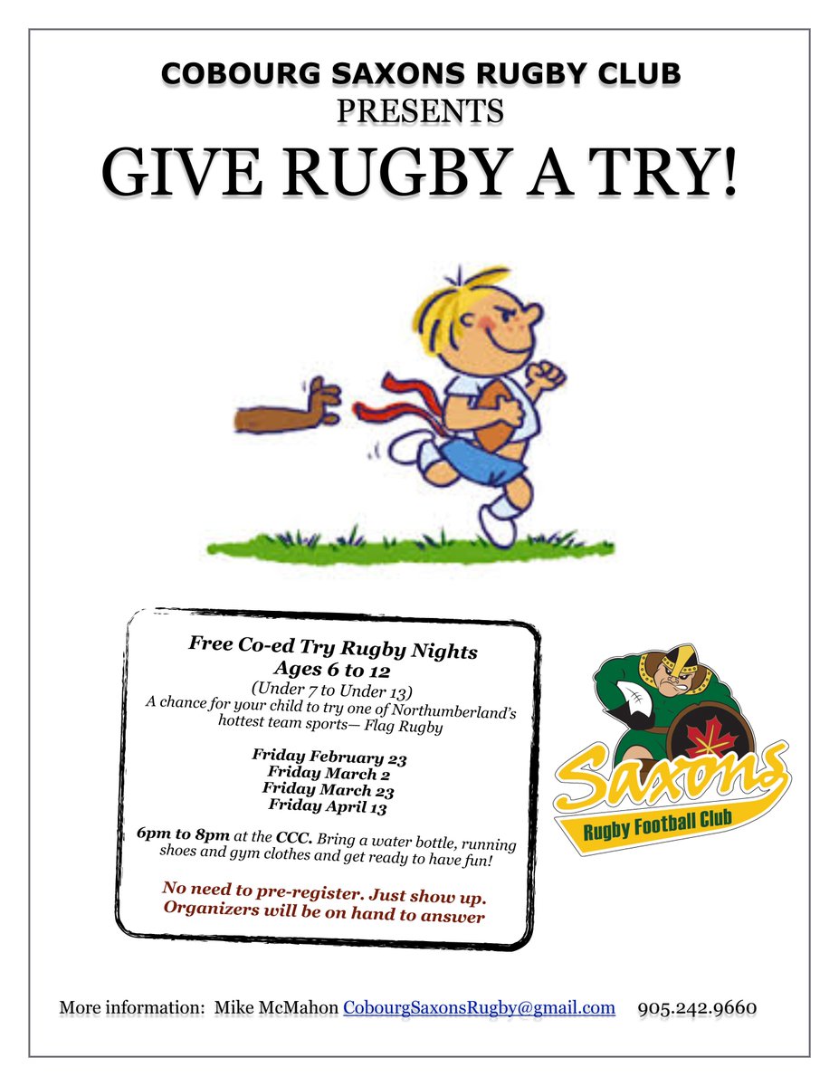 Cobourg Saxons RFC (@cobourgsaxons) on Twitter photo 4 Give Rugby a Try dates starting Feb 23 at Cobourg Community Centre 6-8pm for all kids Under 7 through to Under 13. <a href="/RugbyOntario/">Rugby Ontario</a> 4 Give Rugby a Try dates starting Feb 23 at Cobourg Community Centre 6-8pm for all kids Under 7 through to Under 13. <a href="/RugbyOntario/">Rugby Ontario</a>
