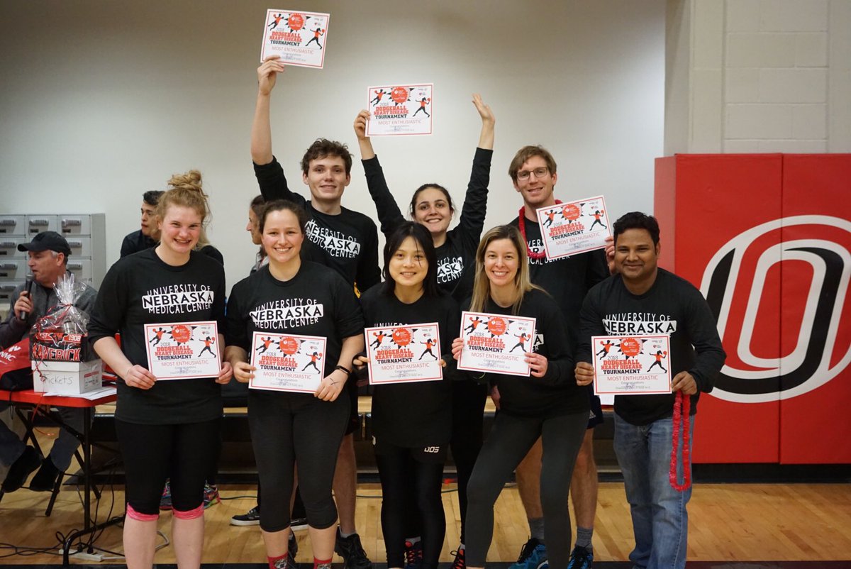UNMCWellness's tweet photo. The accolades 🥇 were pouring in for UNMC's teams at the @HeartNebraska dodgeball held at @UNOmaha, with one @unmc team winning "Best Dressed" and another taking home "Most Enthusiastic" #IamUNMC #LifeIsWhyNE #WearRedandGive https://t.co/KxqGsgshXT