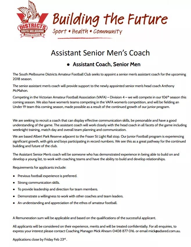 We are seeking an Assistant Coach for the 2018 season.

Applications close 23rd Feb 2018 pic.x.com/ldhatI43J0