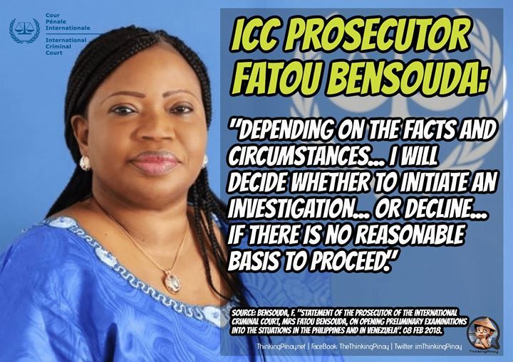 ThinkingPinoyPH's tweet photo. HUWAG O.A.! DUTERTE AND ICC? PRACTICALLY NOTHING'S GONNA HAPPEN YET

In an 08 February 2018 statement, International Criminal Court - ICC Prosecutor Fatou Bensouda wrote [1]:

"Depending on the facts and circumstances of each situation, I will decide whe… https://t.co/TJYDxPbsdc https://t.co/VhoOurur71