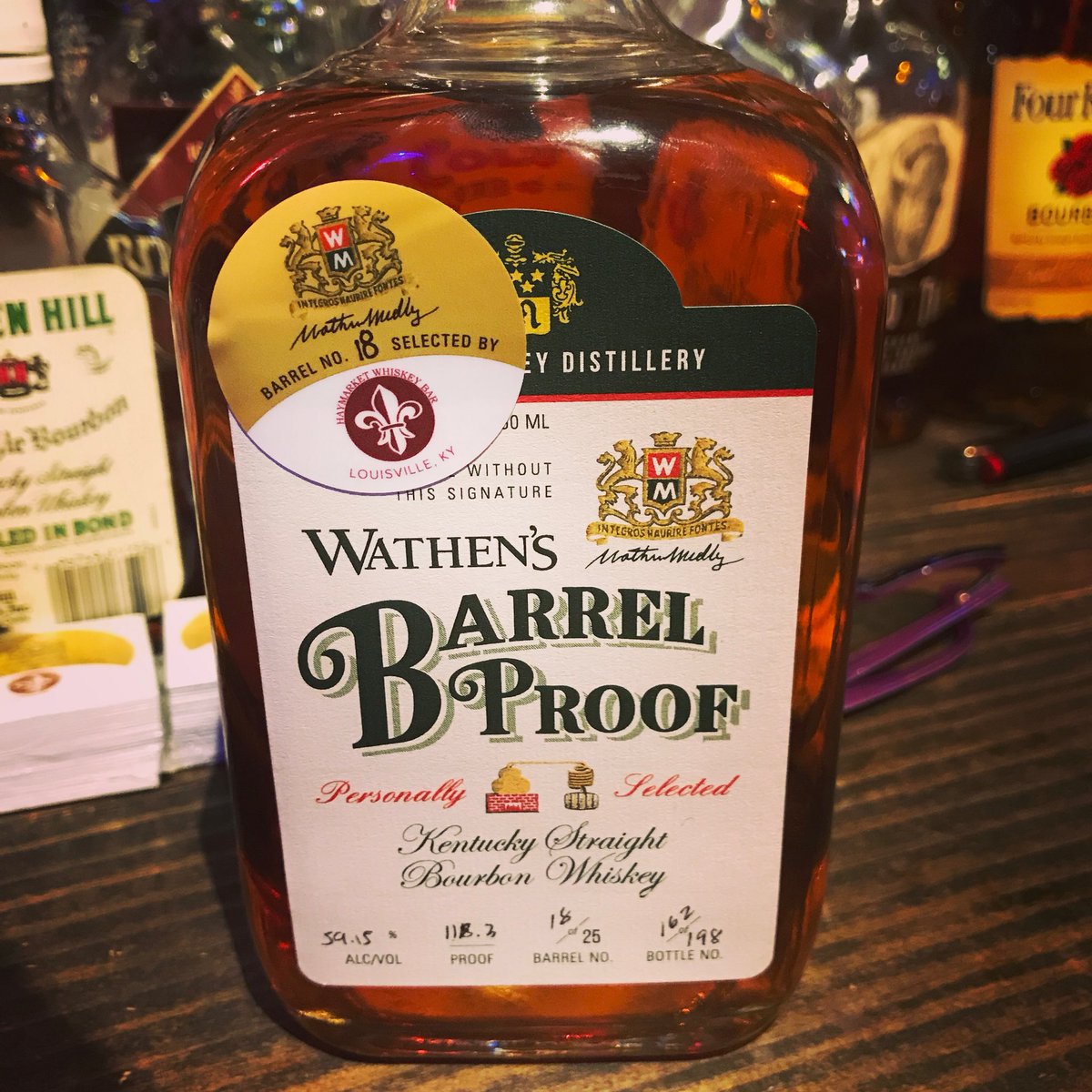 medleybros's tweet photo. Barrel 18 (of 25) of Wathen’s Barrel Proof #bourbon is now available by the glass and by the bottle at Haymarket Whiskey Bar in #Louisville #SingleBarrel #BarrelProof https://t.co/KOYUkNasiq