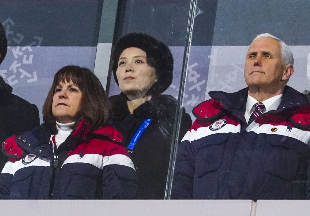 What's that in Pence's eye as he stands next to Kim Jung Un's sister?