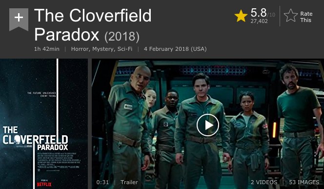 ヒナタカ 映画 Twitterren Netflixの クローバーフィールド パラドックス 観たよ 評価低いな 中盤までは いったい何が起こっているんだ な不条理sfサスペンスとして超面白かったけど 終盤はグダっているし設定は適当もいいとこ 何言っても ネタバレ案件なので