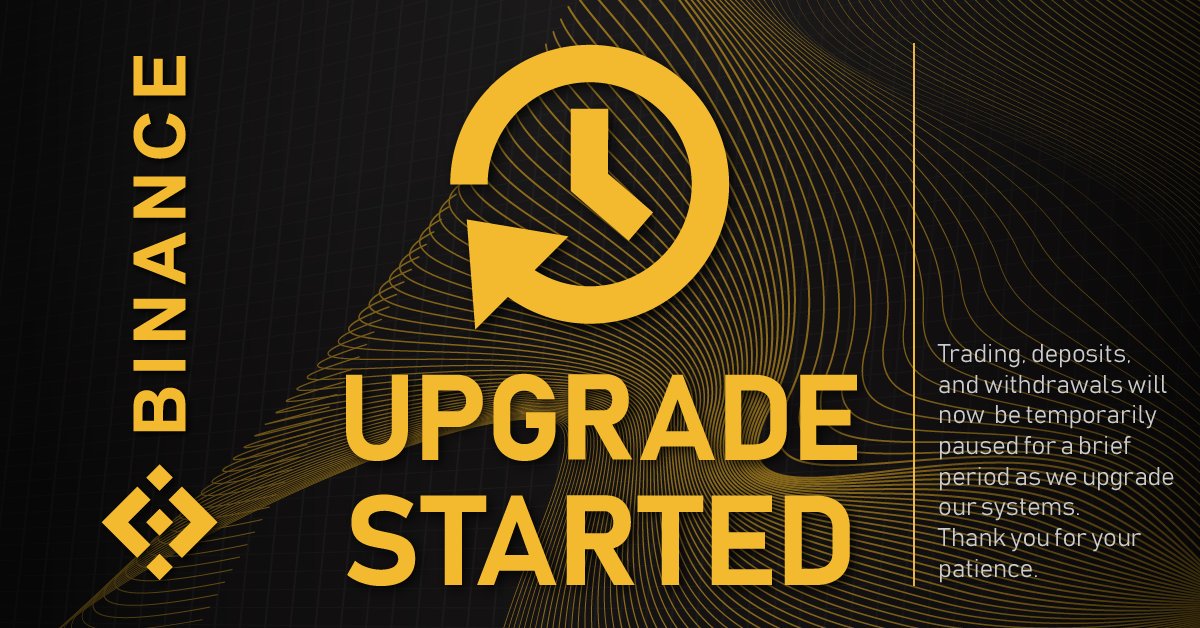 binance's tweet photo. Maintenance has now been initiated. Trading, deposits and withdrawals will be suspended temporarily. https://t.co/TXVWDBV7Bj