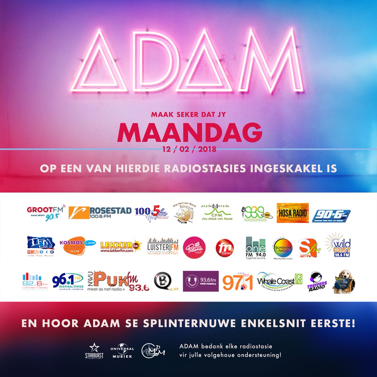 Skakel Maandag in op een van die radiostasies en <a href="/jacarandafm/">Jacaranda FM</a> en hoor ADAM @hugoludikADAM se nuwe enkelsnit eerste! #SêMy <a href="/StarburstPromo/">Starburst Promotions</a>
