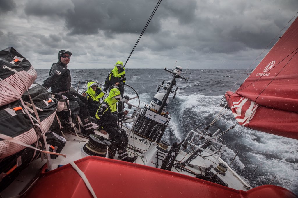 DongfengRacing's tweet photo. "Every sailor absolutely loves going upwind, getting pounded by the winds, the wave and the water and going really slow." Don't worry, it won't be forever Daryl! @volvooceanrace https://t.co/fsCU7vCZzA
