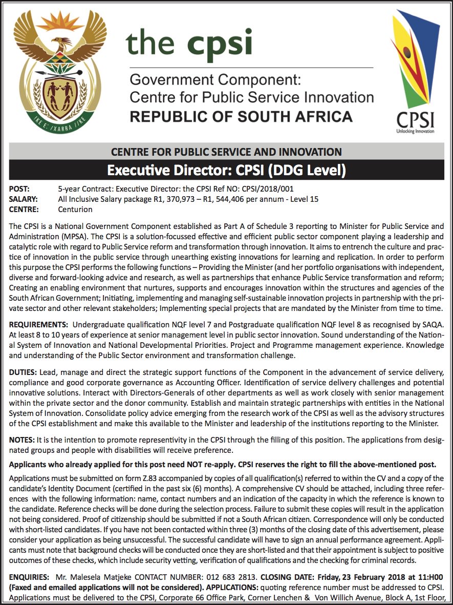 cpsi_sa's tweet photo. The Centre for #PublicSector #Innovation is looking to fill the exciting #position of #ExecutiveDirector. See attached advert for more details of requirements.
#Recruitment
#SeniorPosition
#SouthAfricanGovernment
#DDG
#MPSA
#Bizcommunity https://t.co/iuJ7YrI8OH
