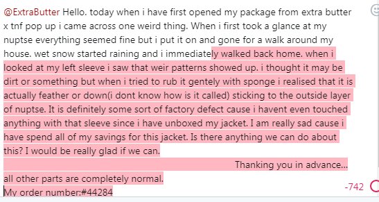 nowak_igor's tweet photo. @ExtraButter Hello. today when i have first opened my package from extra butter x tnf pop up i came across one weird thing. I wrote it all down in one of added photos cause twitter isnt letting me write it all here.P.S.-i have all tags and wideo whichshows thatfeathersmoveinside https://t.co/y8UmpOe3tI