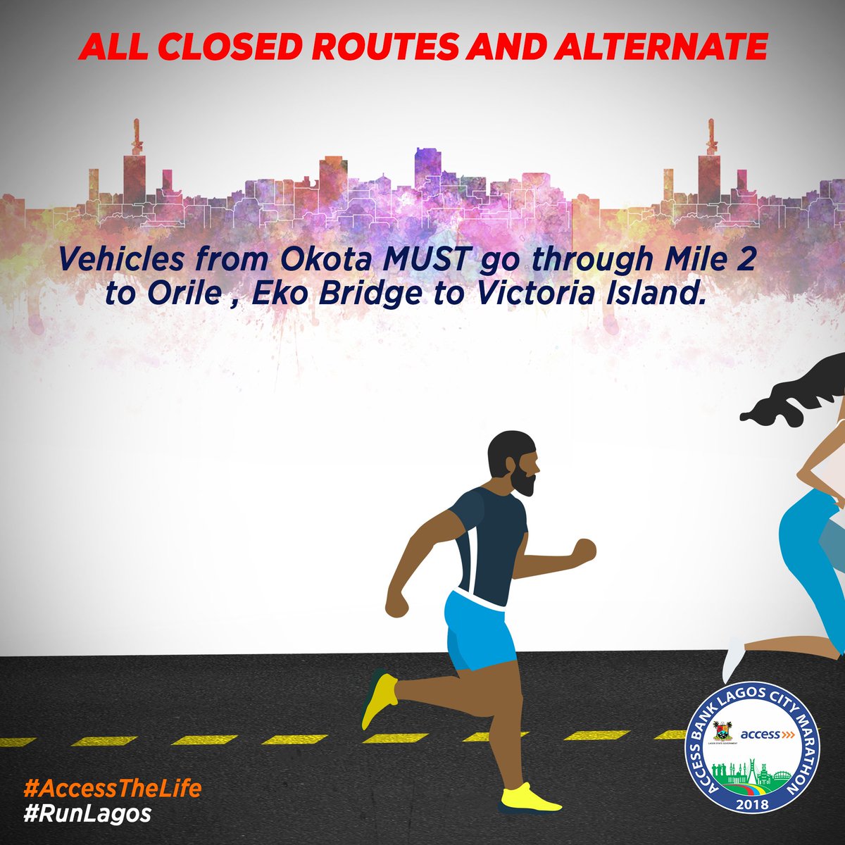 myaccessbank's tweet photo. Are you coming for the Access Bank Lagos City Marathon? #RouteUpdates #AccessTheLife https://t.co/Auk4n1IwKo