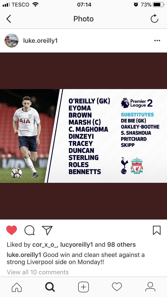 ccoreilly1's tweet photo. My brother on Tottenham’s u23’s team sheet https://t.co/EHYbkNPlga