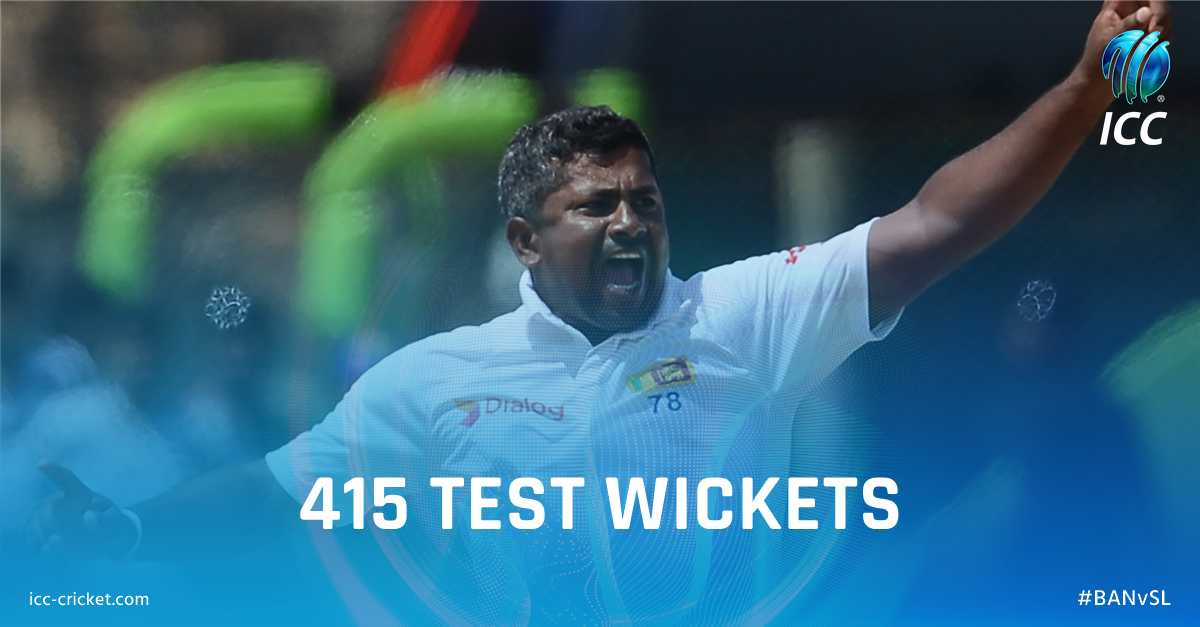 ICC's tweet photo. Congratulations to @HerathRSL on passing @wasimakramlive to become the top left-arm wicket taker in Test cricket history! 🙌 #BANvSL https://t.co/JqXHczAnlz